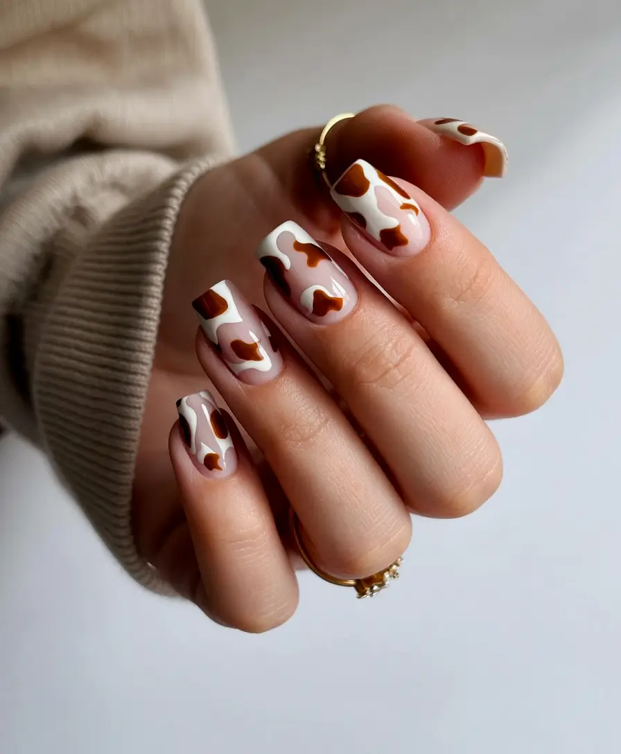 minimalist spring nails 2026 Neutral Cow Print Square