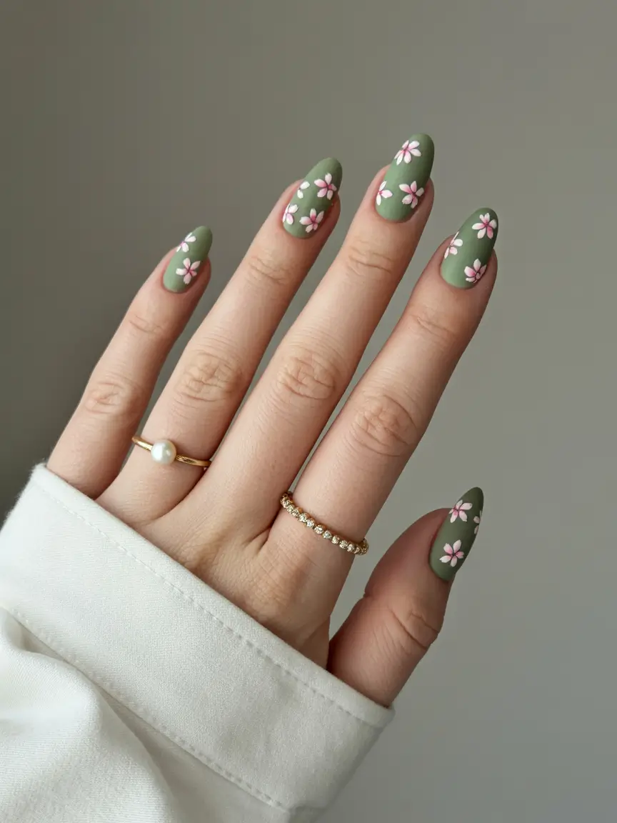 minimalist spring nails 2026 Olive Green Almond with Pink Blossoms