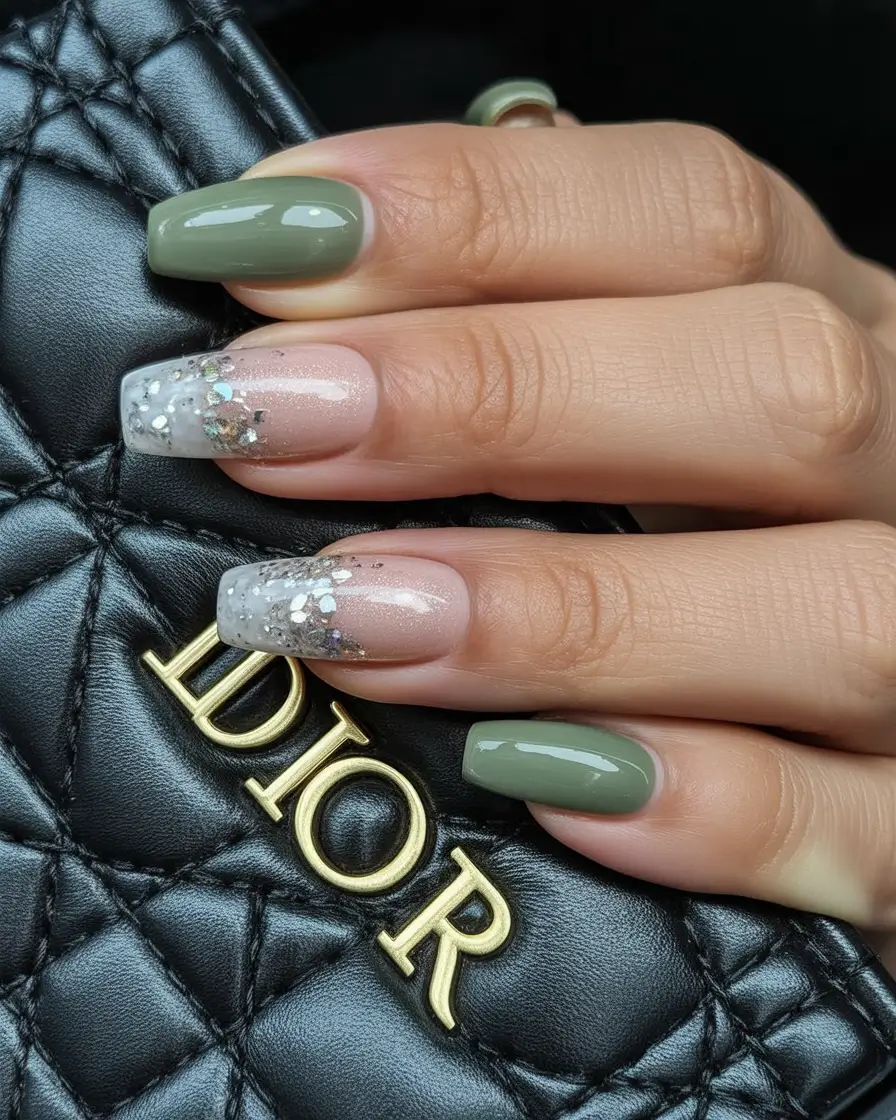 must-try spring long nails 2026 looks Olive Gloss and Glitter Fade Mix