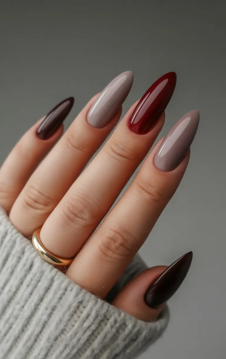 must-try spring long nails 2026 looks Moody Taupe and Cherry Almond Contrast