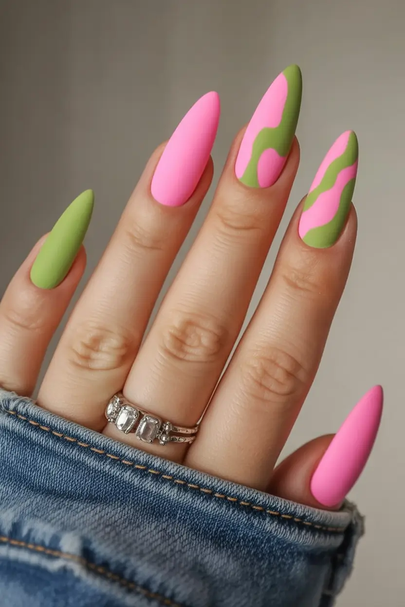 must-try spring long nails 2026 looks Neon Pink and Lime Graphic Stiletto