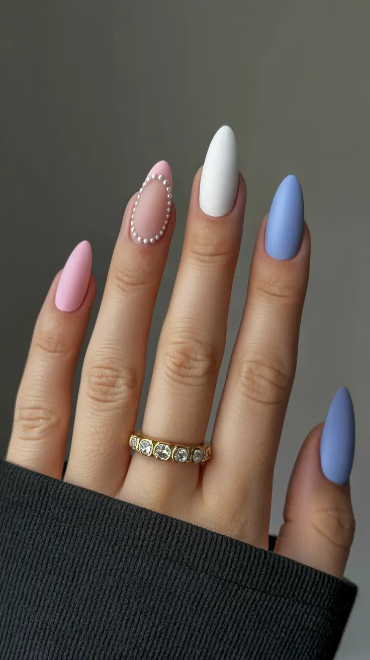 must-try spring long nails 2026 looks Pastel Blue and Pearl Almond Fantasy