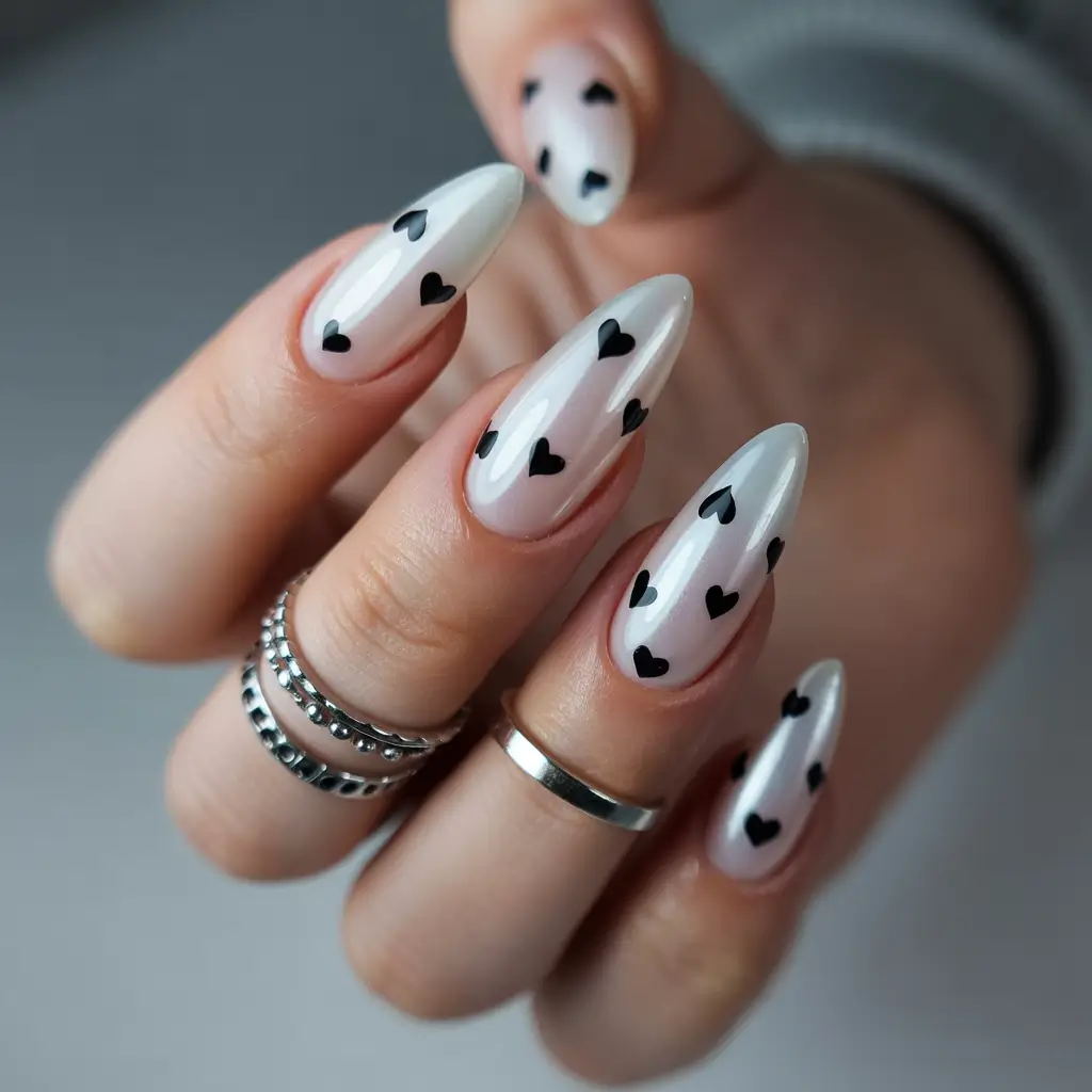 must-try spring long nails 2026 looks Milky Almond Hearts with Graphic Edge
