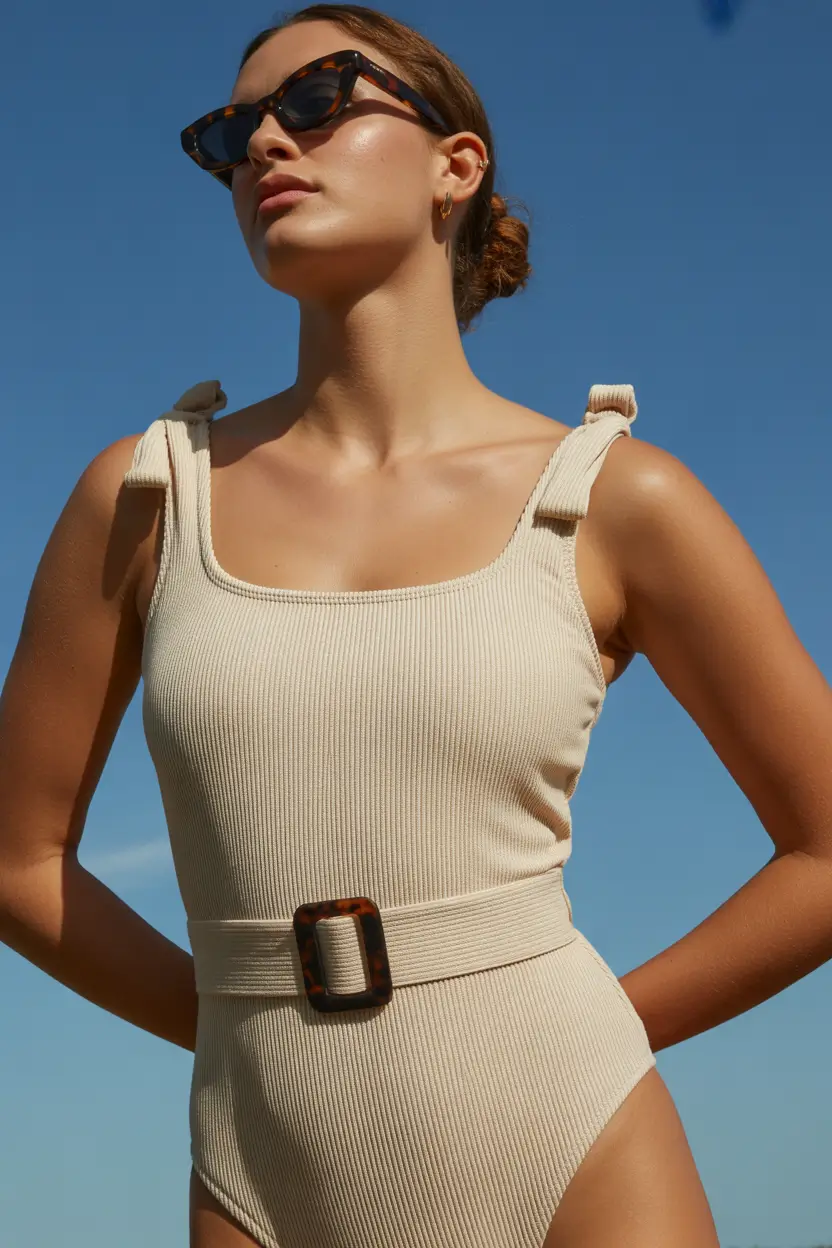 one piece swimsuit ideas summer 2026 tropical Neutral beige belted one piece with refined resort sophistication