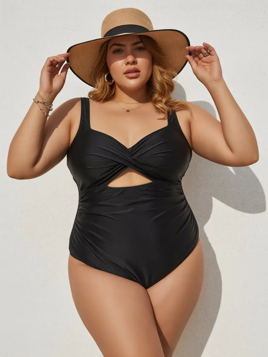 plus size swimsuit Summer 2026 minimal black with a subtle sculpting detail
