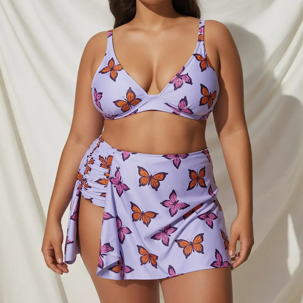 plus size swimsuit Summer 2026 playful butterfly print with feminine layering