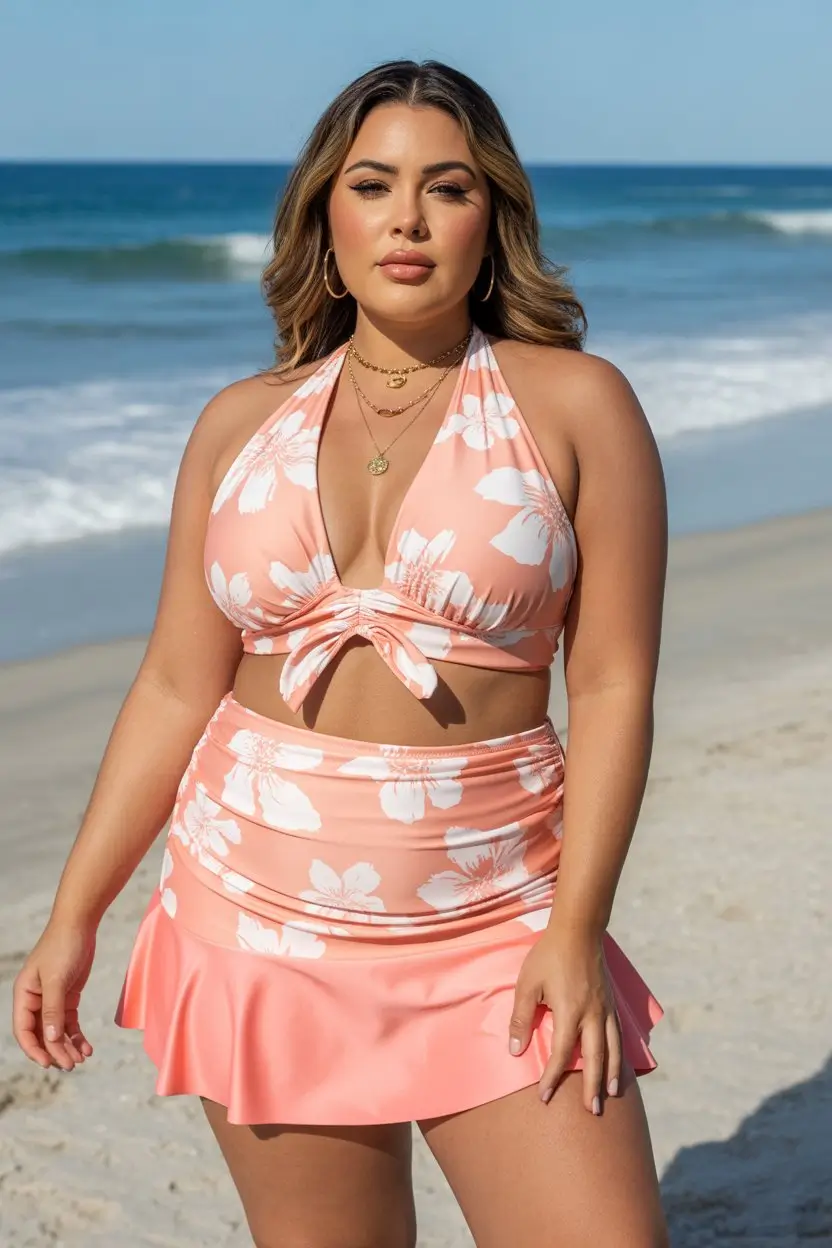 plus size swimsuit Summer 2026 soft peach tones and feminine movement