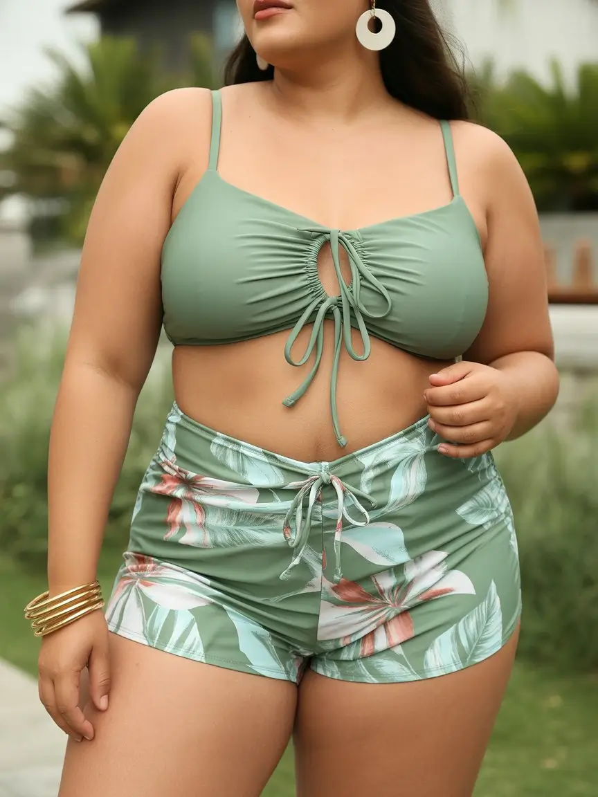 plus size swimsuit Summer 2026 soft green two piece with a relaxed summer feel