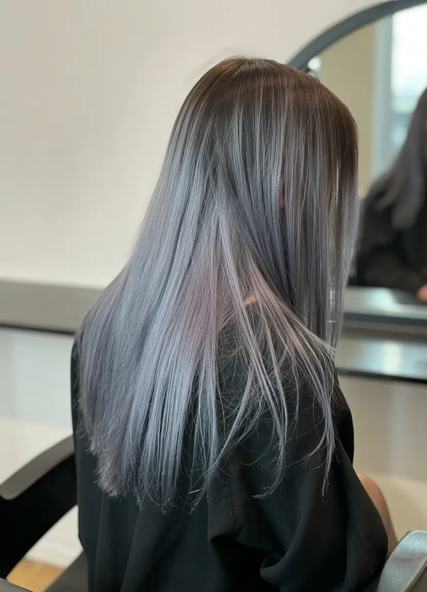 spring to summer season hair color ideas 2026 Smoky silver gradient for dramatic brunette contrast