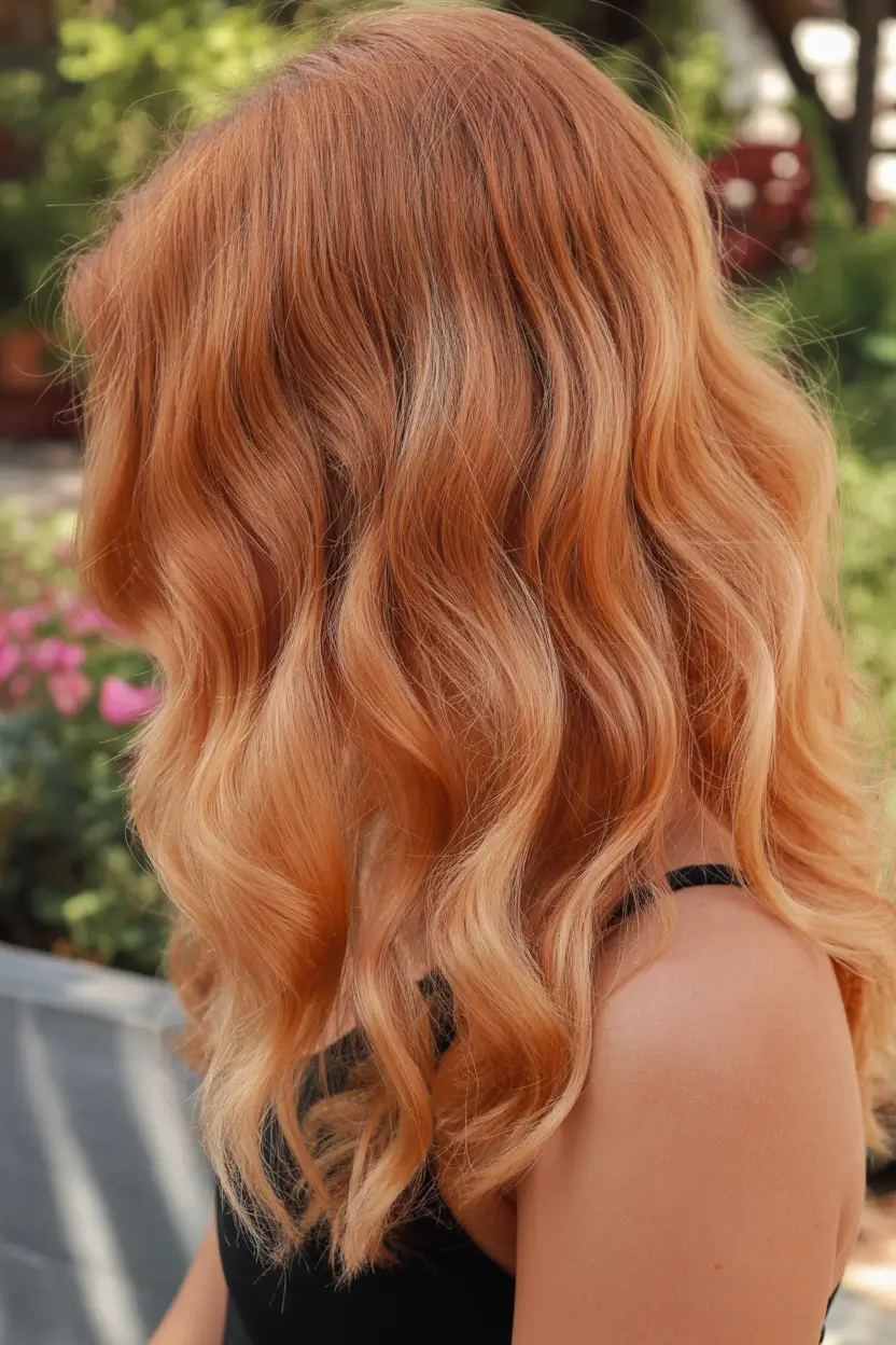 spring to summer season hair color ideas 2026 Soft apricot copper waves for glowing summer warmth