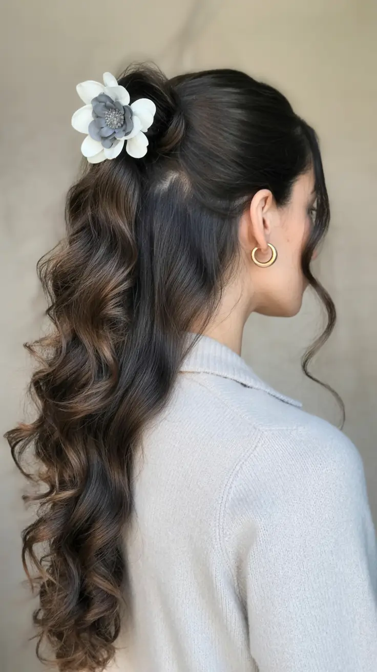 spring to summer season hairstyles ideas 2026 Romantic Half Ponytail with Floral Clip