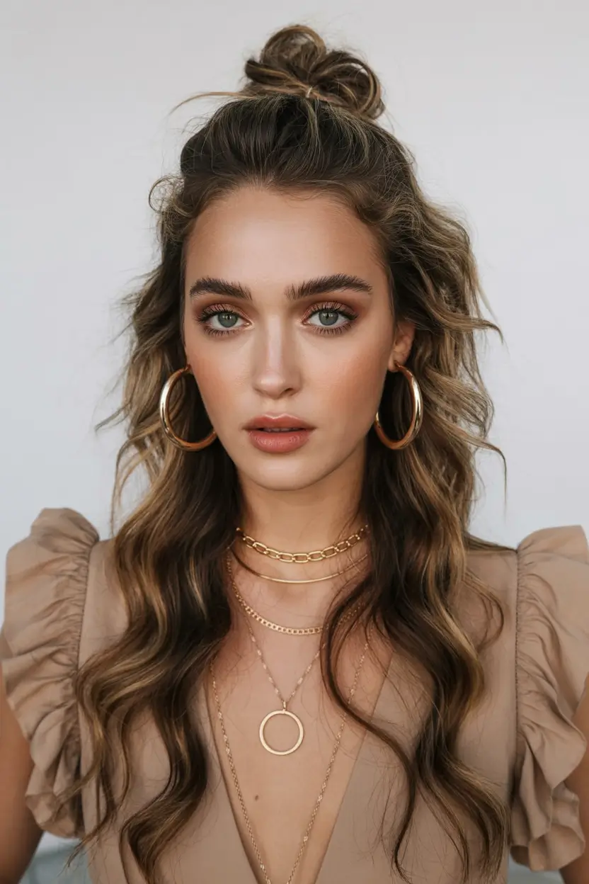 spring to summer season hairstyles ideas 2026 Effortless Half Up Top Knot with Loose Waves