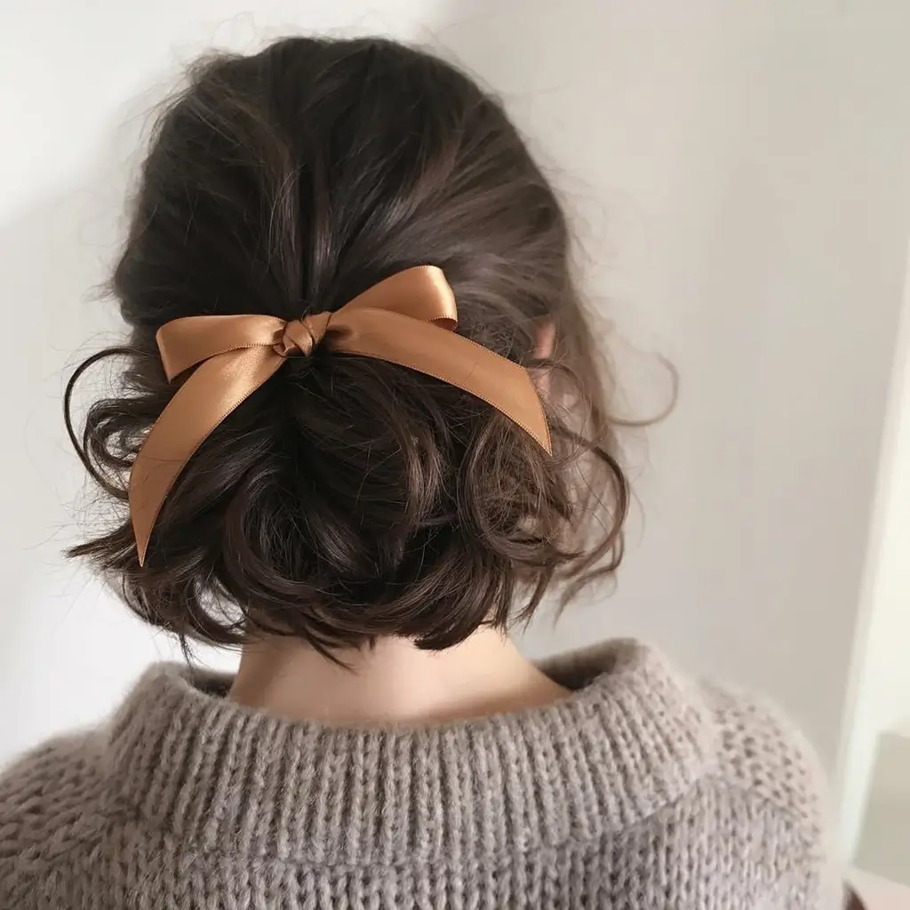 spring to summer season hairstyles ideas 2026 Soft Messy Bun with Satin Bow