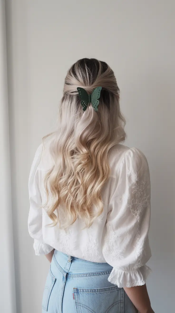 spring to summer season hairstyles ideas 2026 Romantic Half Up Waves with Butterfly Clip