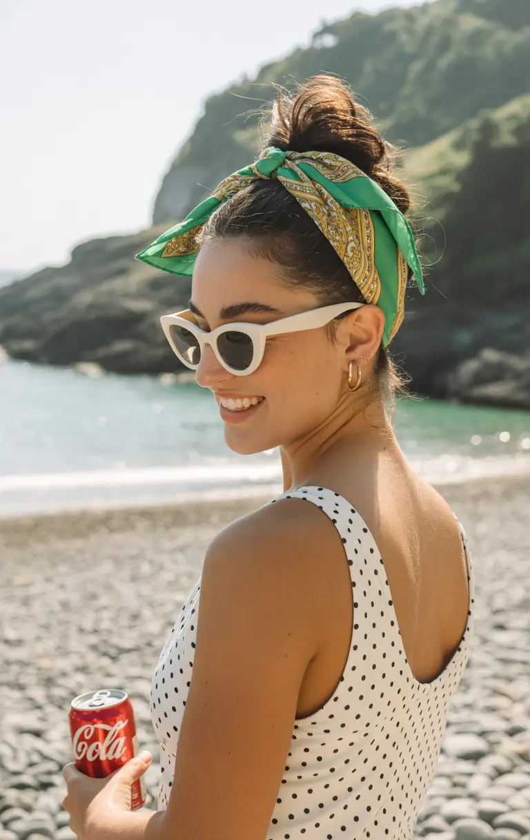 spring to summer season hairstyles ideas 2026 Playful Scarf Bun for Beach Days