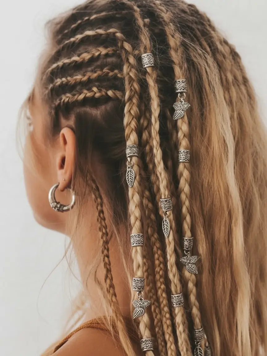 spring to summer season hairstyles ideas 2026 Decorated Festival Braids with Metallic Accents