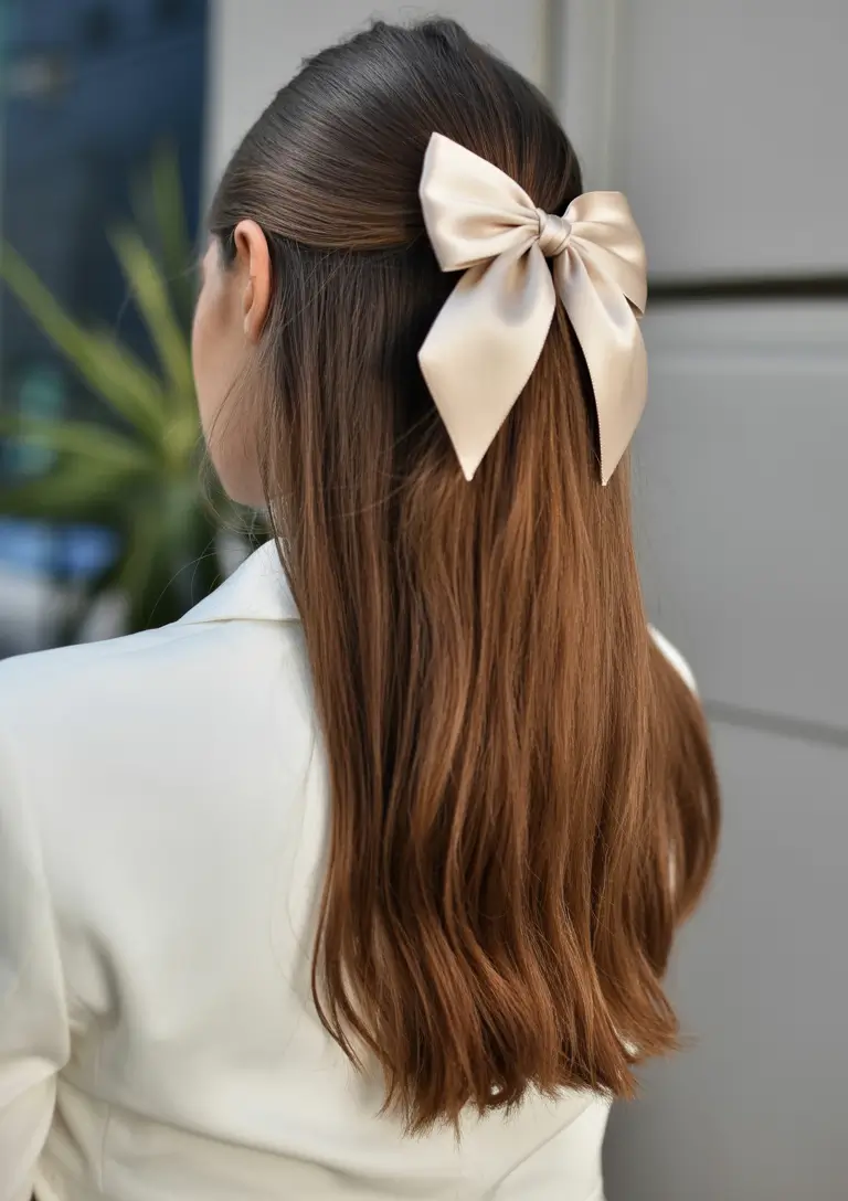 spring to summer season hairstyles ideas 2026 Elegant Half Up Hairstyle with Statement Bow