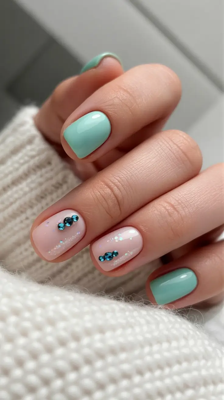 spring to summer season nail art ideas 2026 Fresh Mint Minimal Nails with Crystal Details