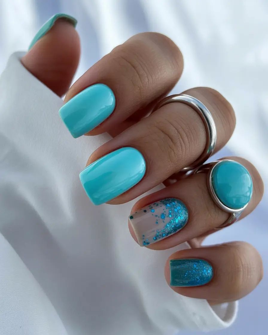 spring to summer season nail art ideas 2026 Turquoise Ocean Sparkle Nails for Fresh Summer Vibes