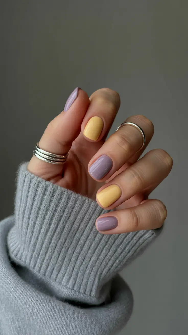 spring to summer season nail art ideas 2026 Pastel Lavender and Butter Yellow Minimal Nails