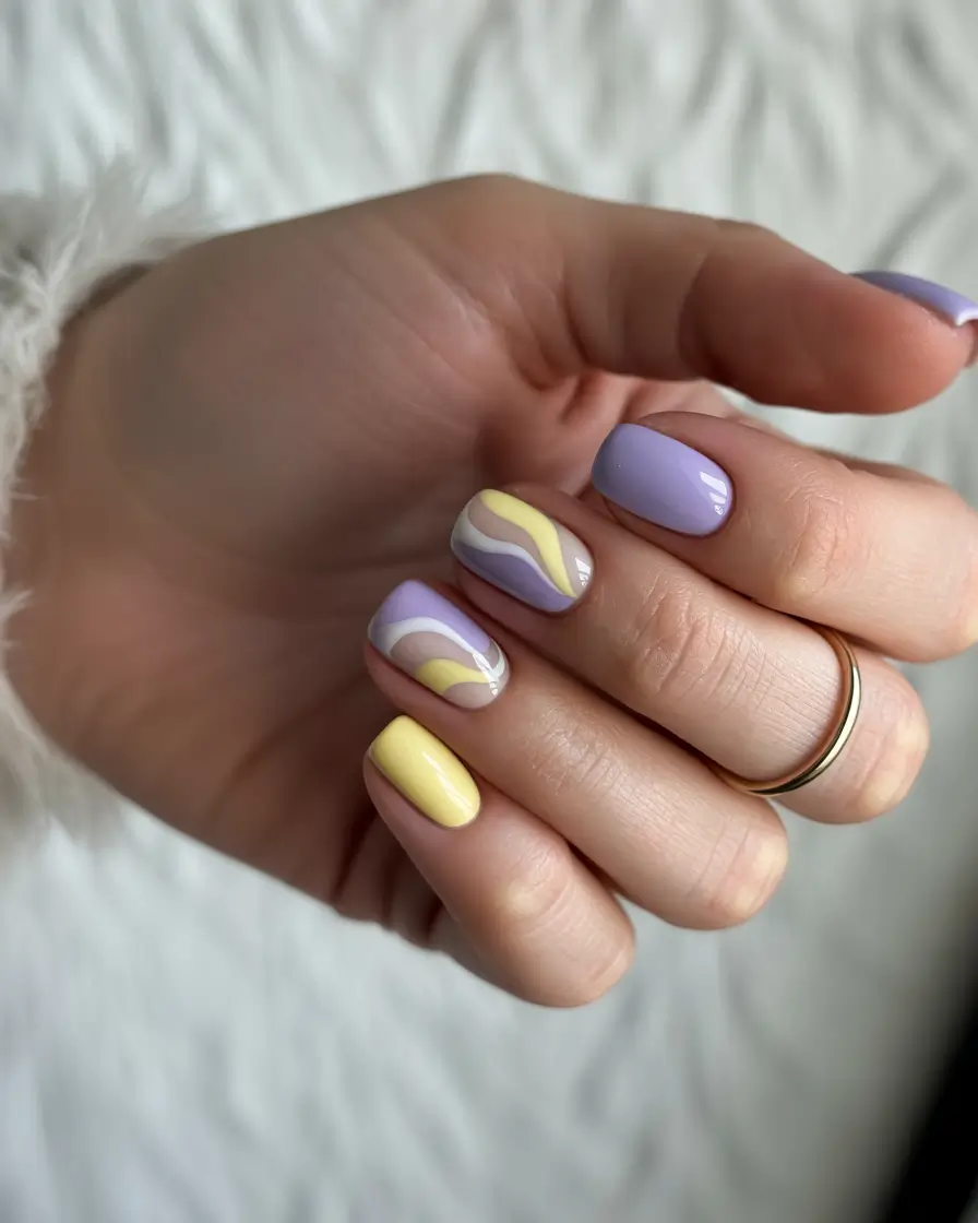 spring to summer season nail art ideas 2026 Pastel Lavender and Lemon Swirl Nails
