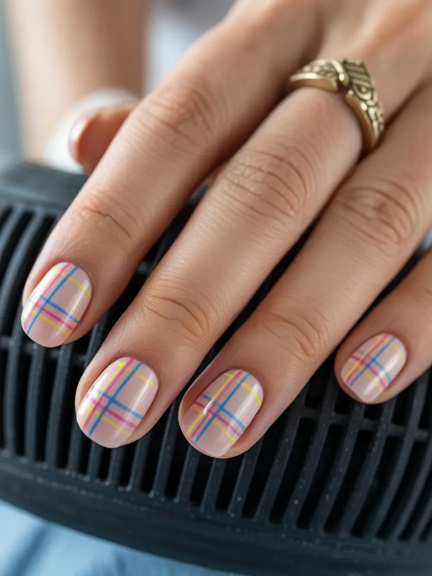 spring to summer season nail art ideas 2026 Soft Pastel Plaid Nails for Fresh Seasonal Patterns