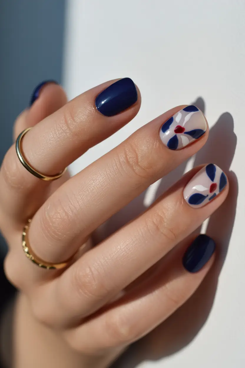 spring to summer season nail art ideas 2026 Minimal Navy Floral Nails for Chic Seasonal Style
