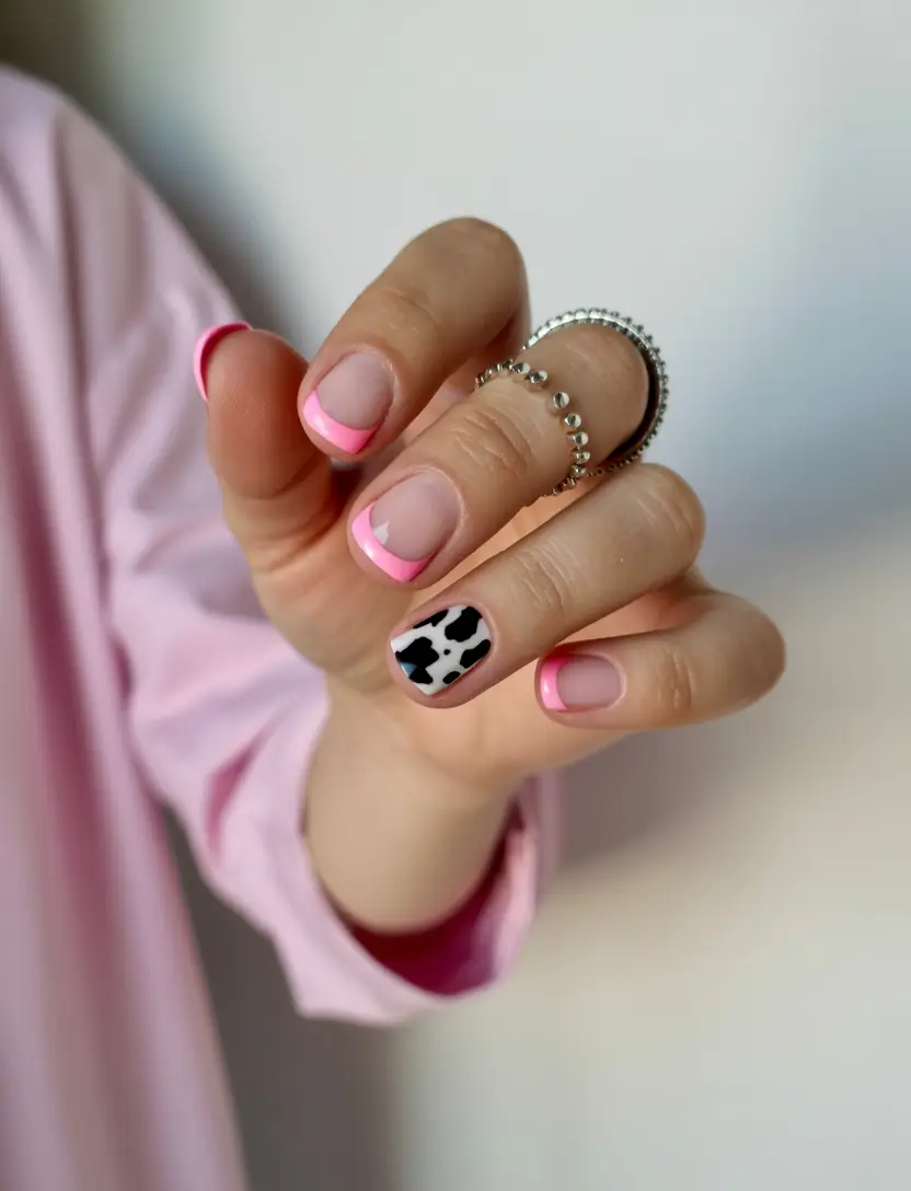 spring to summer season nail art ideas 2026 Playful Pink French Nails with Cow Print Accent
