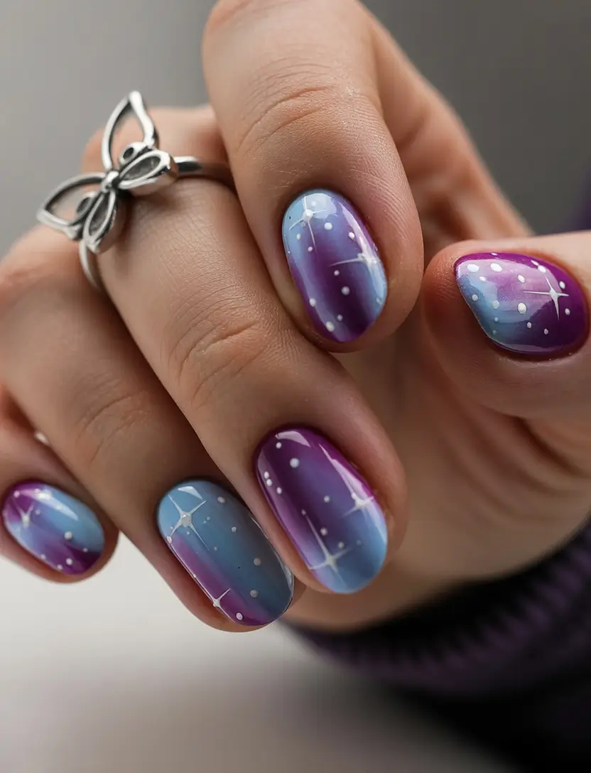 spring to summer season nail art ideas 2026 Dreamy Galaxy Gradient Nails for Creative Spring Nights