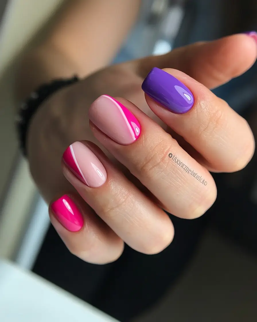 spring to summer season nail art ideas 2026 Playful Pink and Violet Color Block Nails