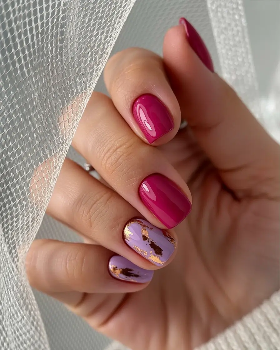 spring to summer season nail art ideas 2026 Raspberry and Lavender Nails with Golden Foil Accents