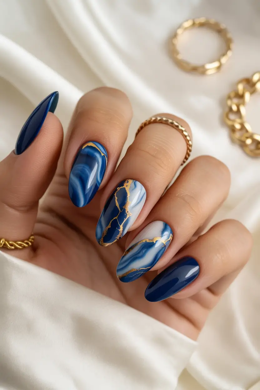 spring to summer season nail art ideas 2026 Deep Ocean Marble Nails with Gold Accents