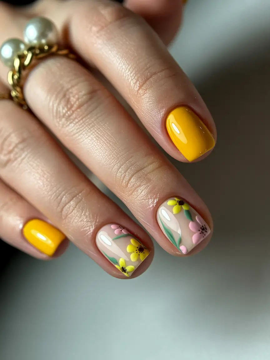 spring to summer season nail art ideas 2026 Sunny Yellow Floral Nails for Warm Season Energy