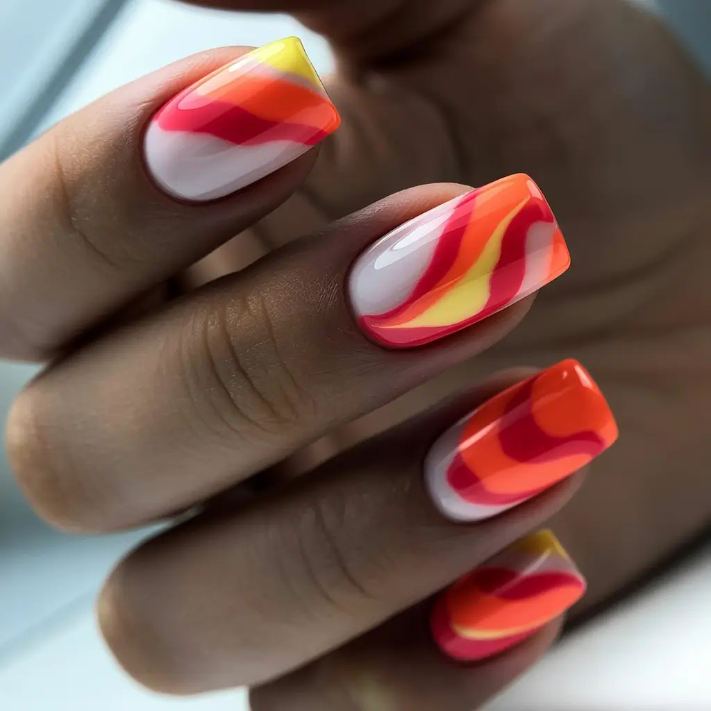 spring to summer season nail art ideas 2026 Bold Sunset Waves Nails for Vibrant Summer Style