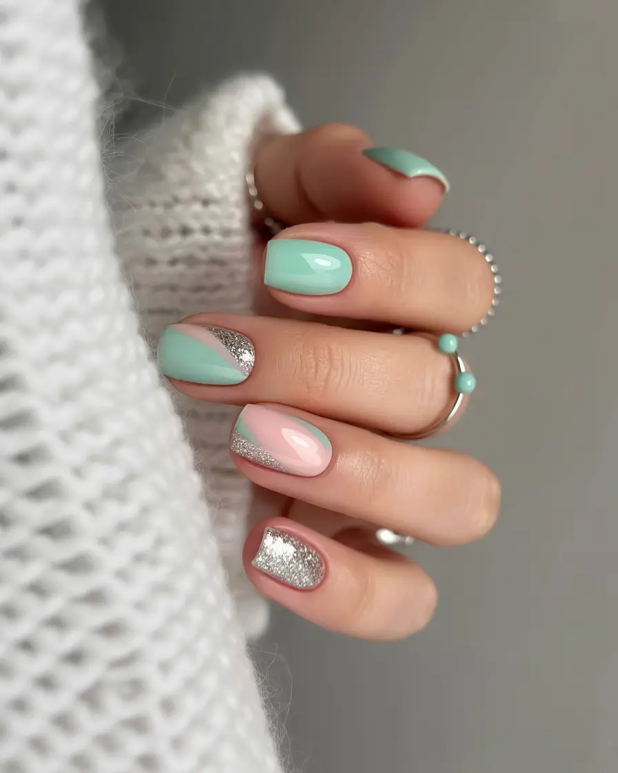 spring to summer season nails color ideas 2026 Mint and Silver Geometric Nails with Modern Shine