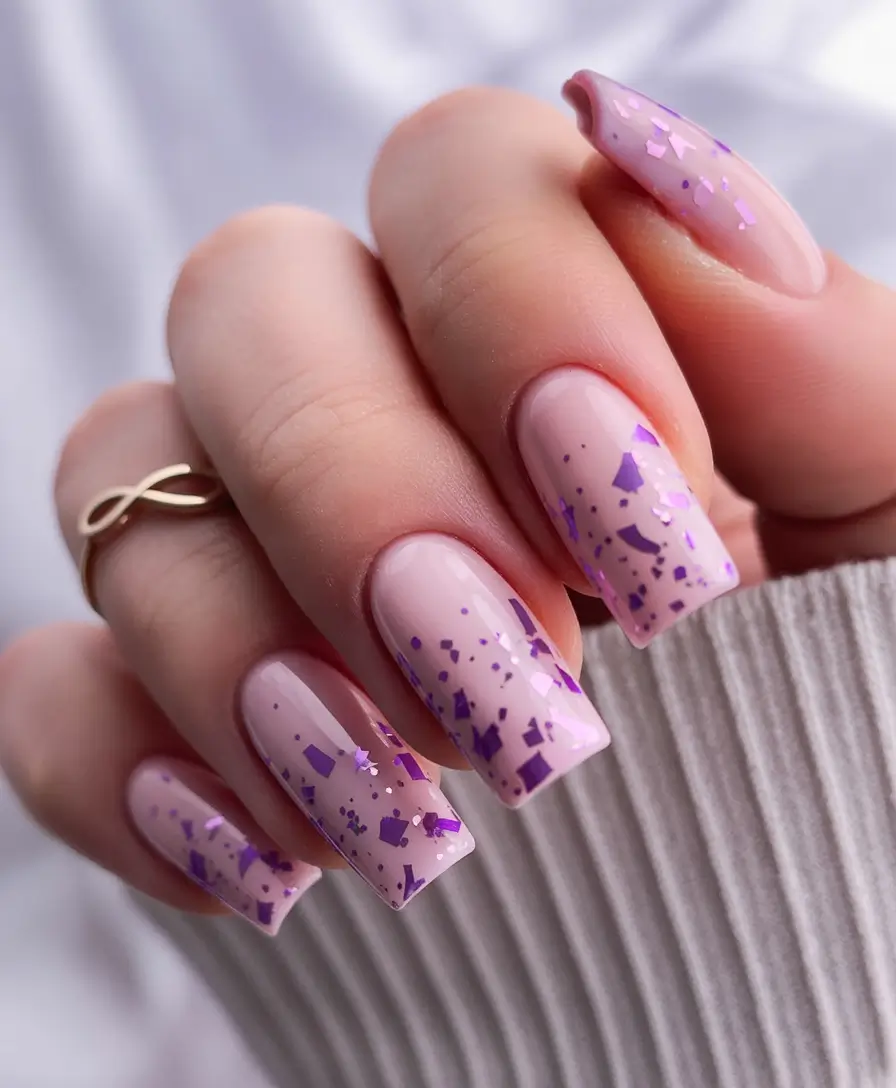 spring to summer season nails color ideas 2026 Lavender Confetti Nails with Playful Spring Sparkle