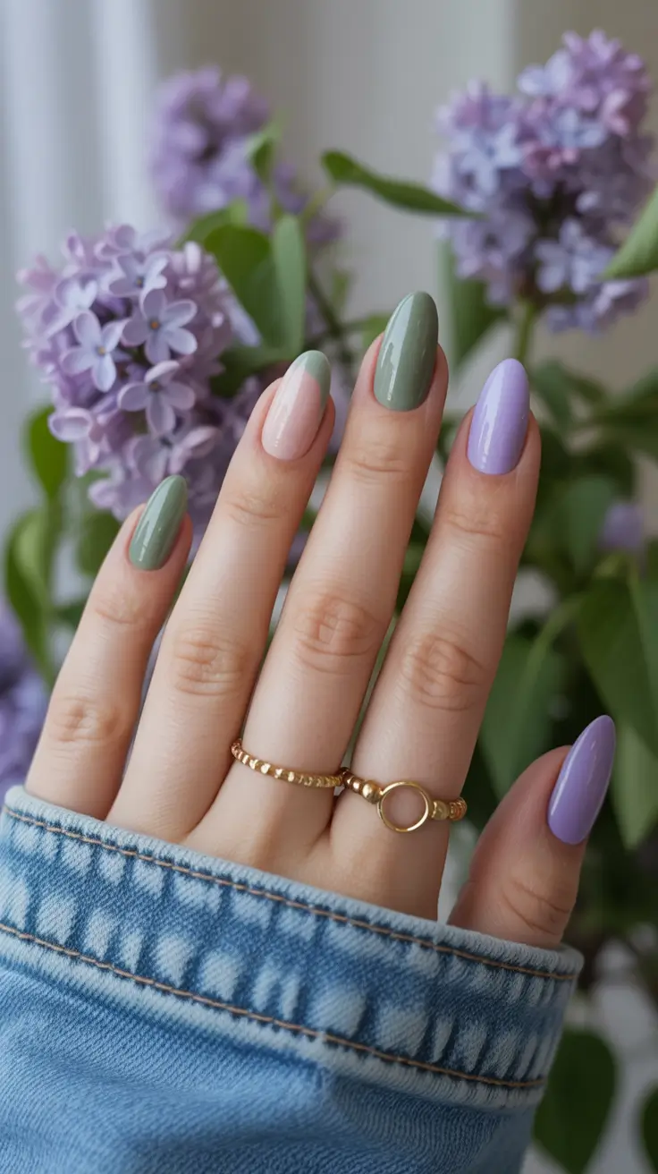 spring to summer season nails color ideas 2026 Soft Lavender and Sage Color Block Nails for Fresh Spring Days
