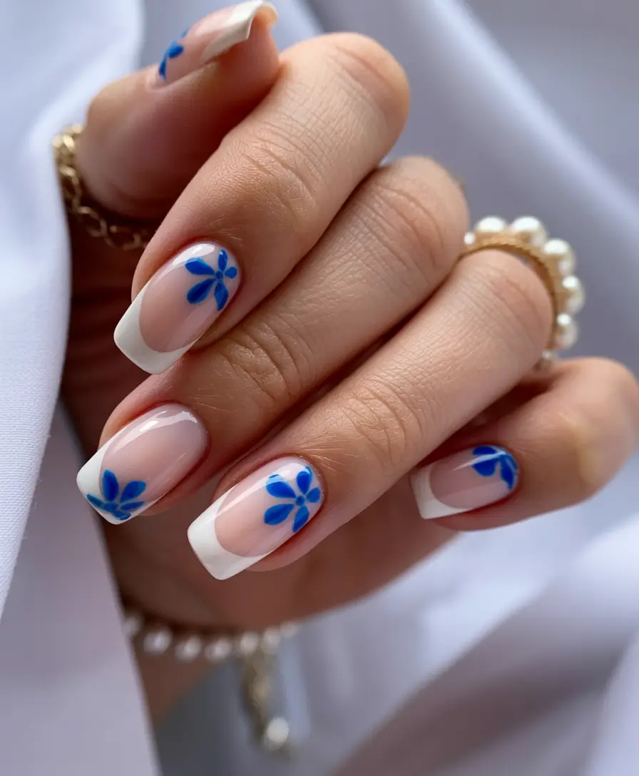 spring to summer season nails color ideas 2026 Classic French Nails with Bright Blue Floral Accents
