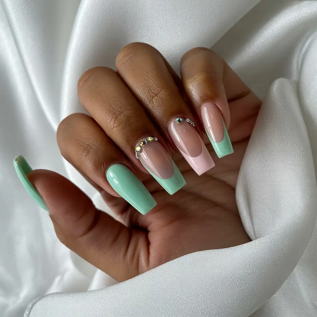 spring to summer season nails color ideas 2026 Mint and Blush Coffin Nails with Crystal Details