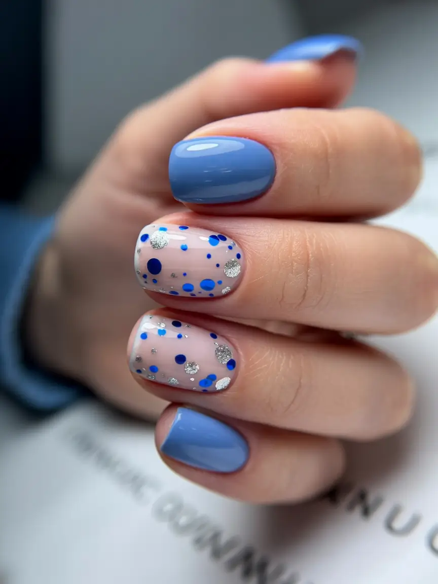 spring to summer season nails color ideas 2026 Powder Blue Nails with Playful Polka Dot Accents