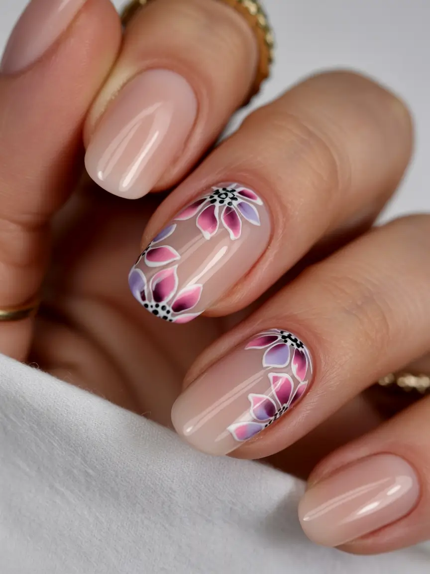 spring to summer season nails color ideas 2026 Soft Nude Nails with Pink and Lilac Floral Art