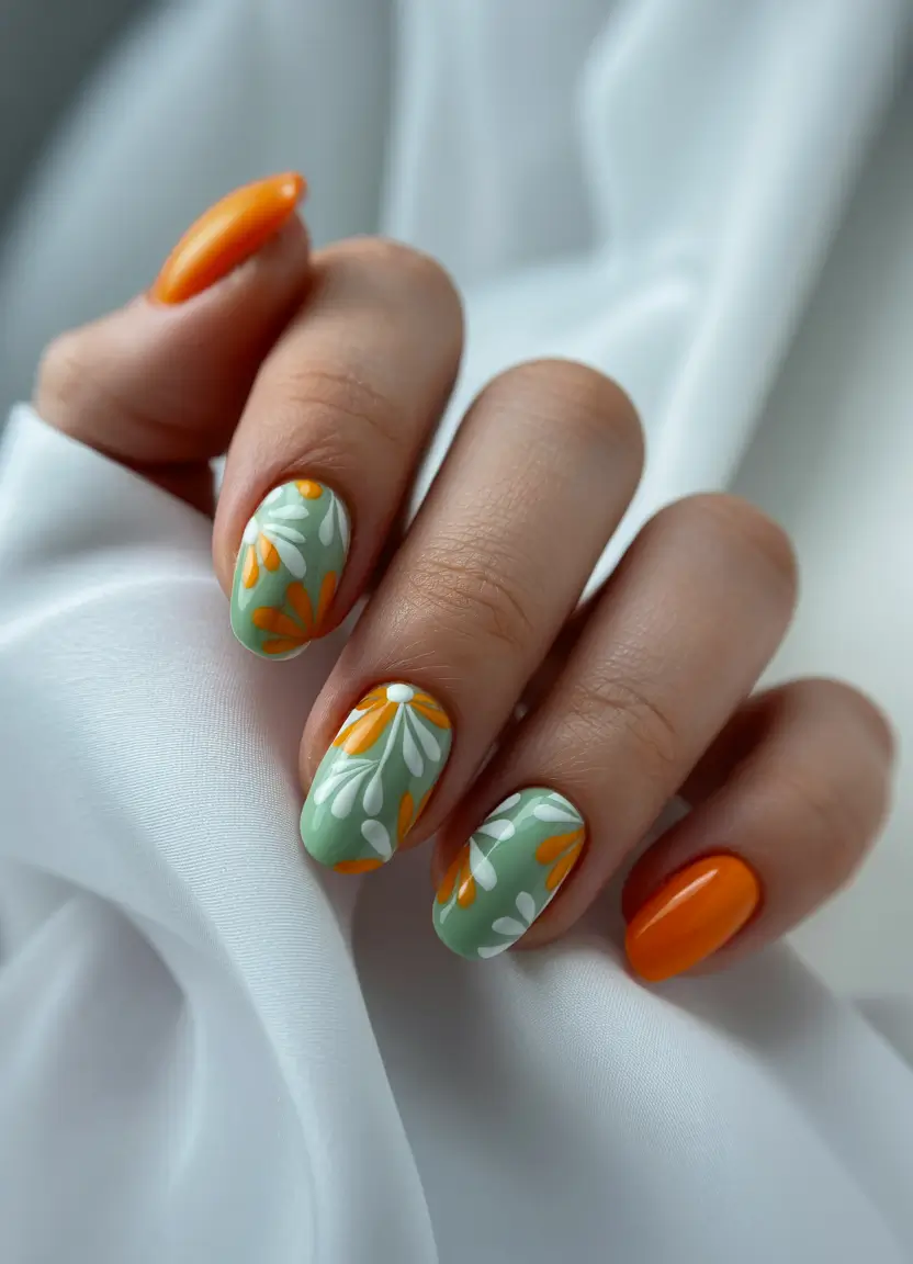 spring to summer season nails color ideas 2026 Mint Green and Orange Floral Nails for Playful Summer Energy