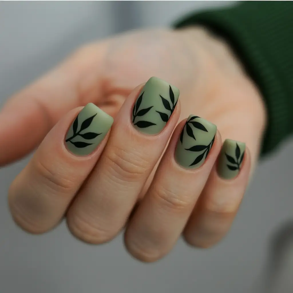 spring to summer season nails color ideas 2026 Matte Sage Green Nails with Minimal Black Leaf Art