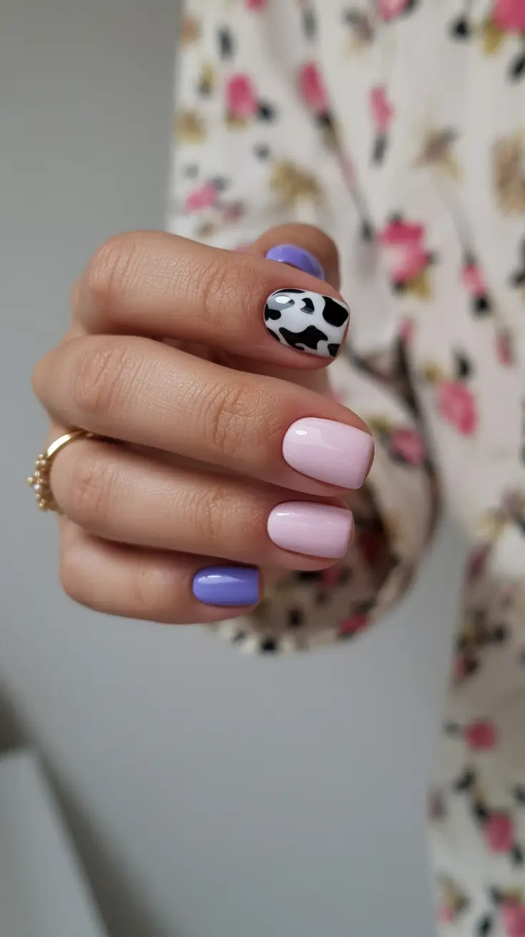spring to summer season nails color ideas 2026 Soft Pastel Mix with Playful Cow Print Accent