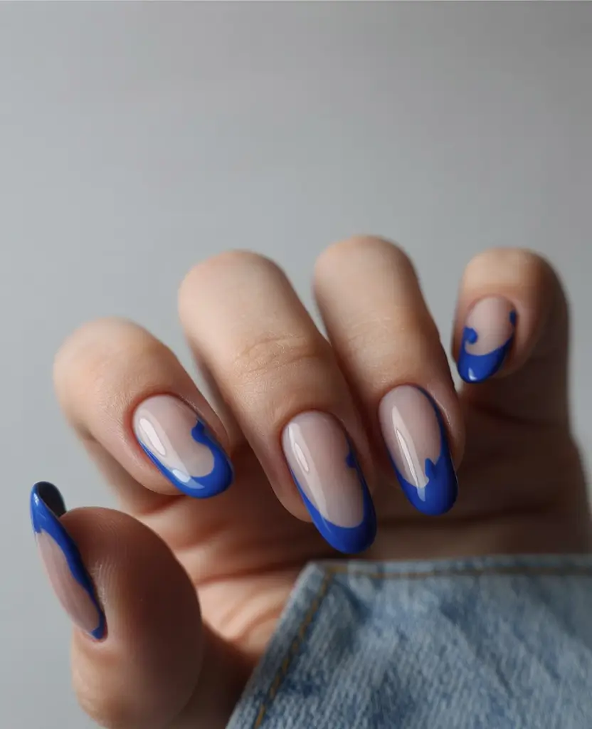 spring to summer season nails color ideas 2026 Modern Blue Wave French Nails for Fresh Summer Style