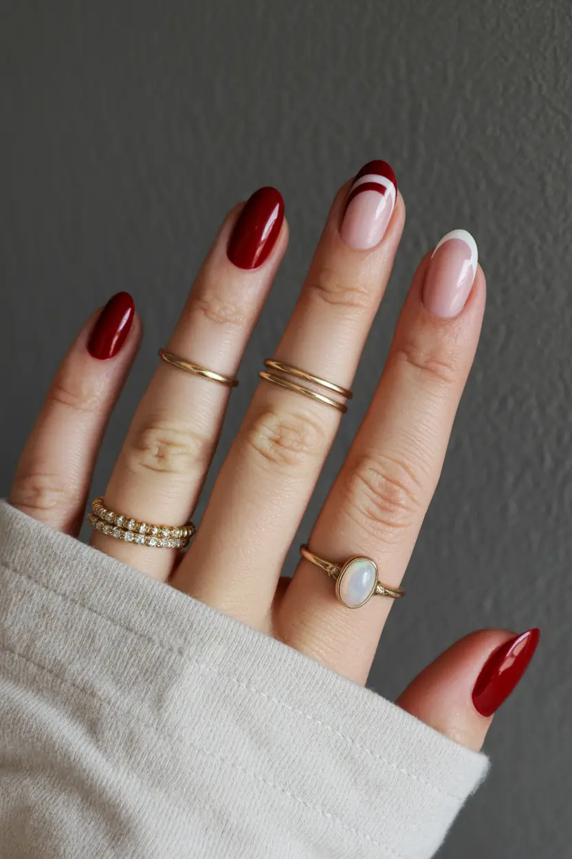 spring to summer season nails color ideas 2026 Elegant Red and Nude French for Timeless Summer Chic