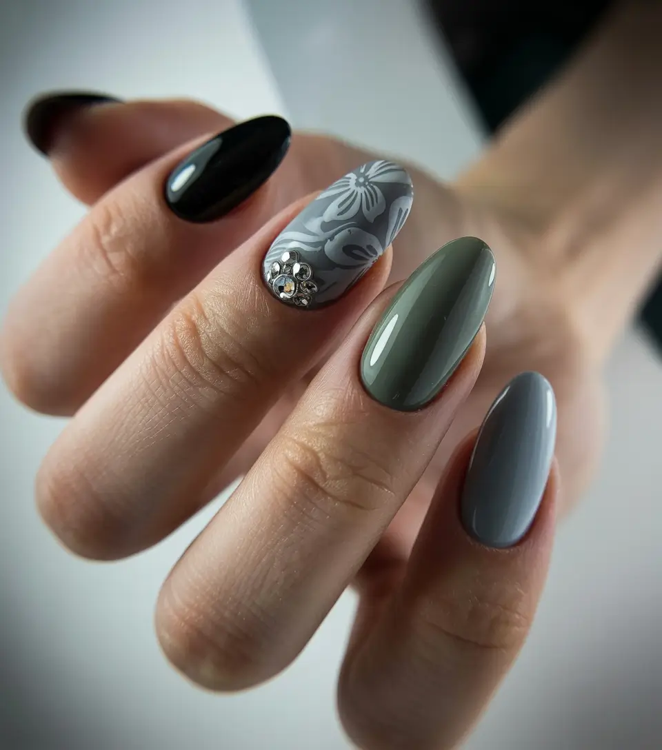 spring to summer season nails color ideas 2026 Modern Olive and Grey Minimalist Manicure