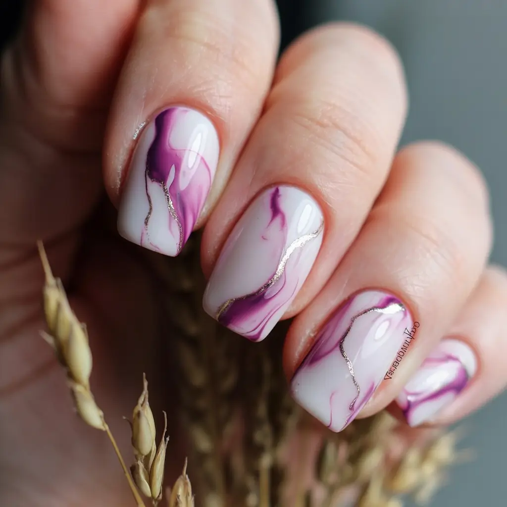 spring to summer season nails color ideas 2026 Magenta Marble Waves with Metallic Accents