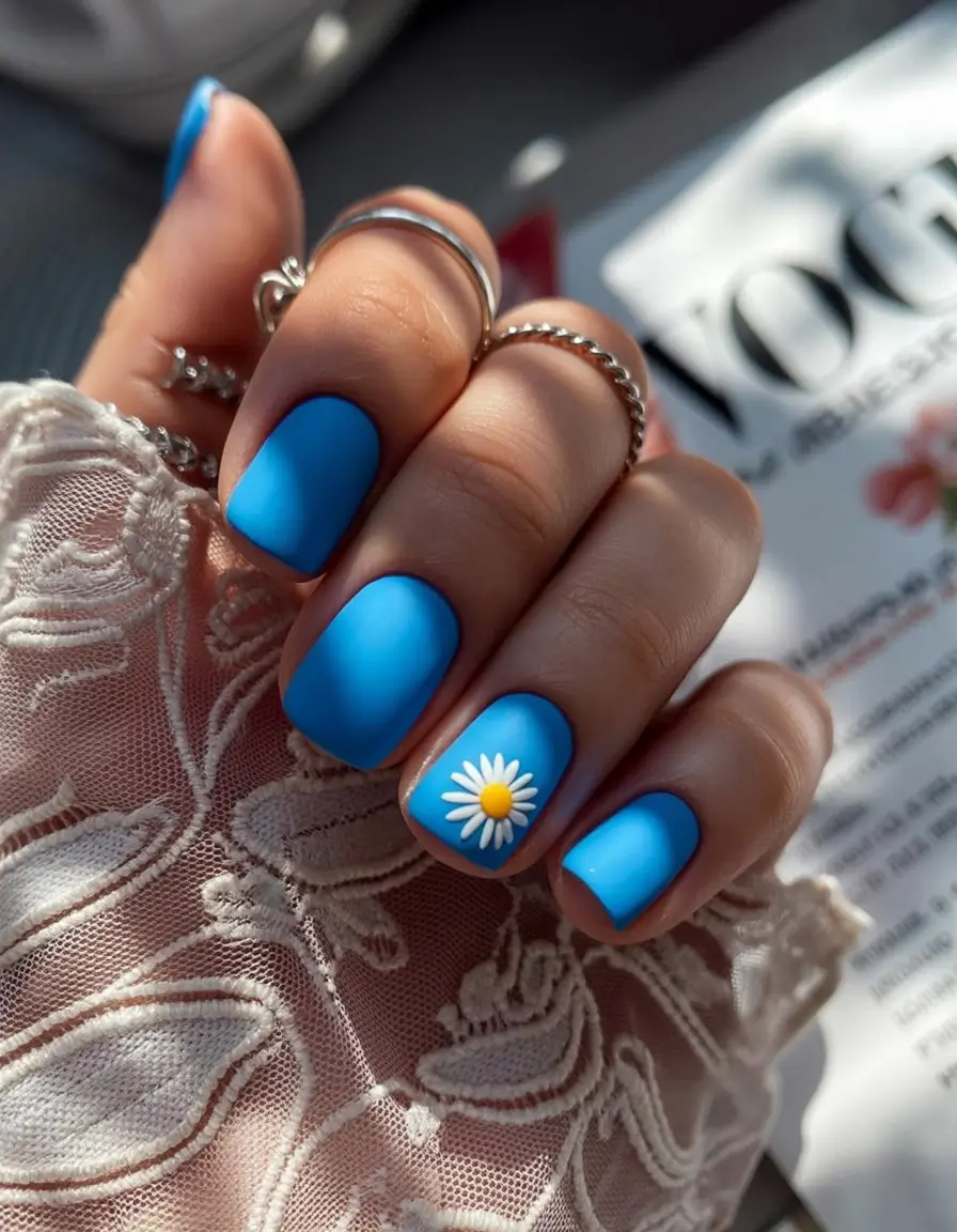 spring to summer season nails color ideas 2026 Bright Blue Daisy Manicure for Cheerful Summer Days
