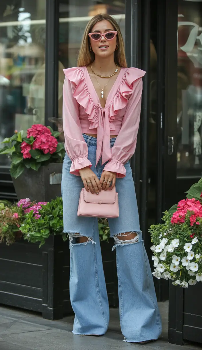 spring to summer season outfits ideas 2026 Soft Pink Ruffles and Relaxed Denim Energy